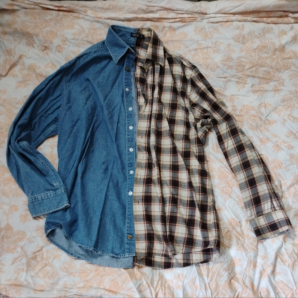 Nasty Gal Men's Blue Denim and Brown Plaid Shirt